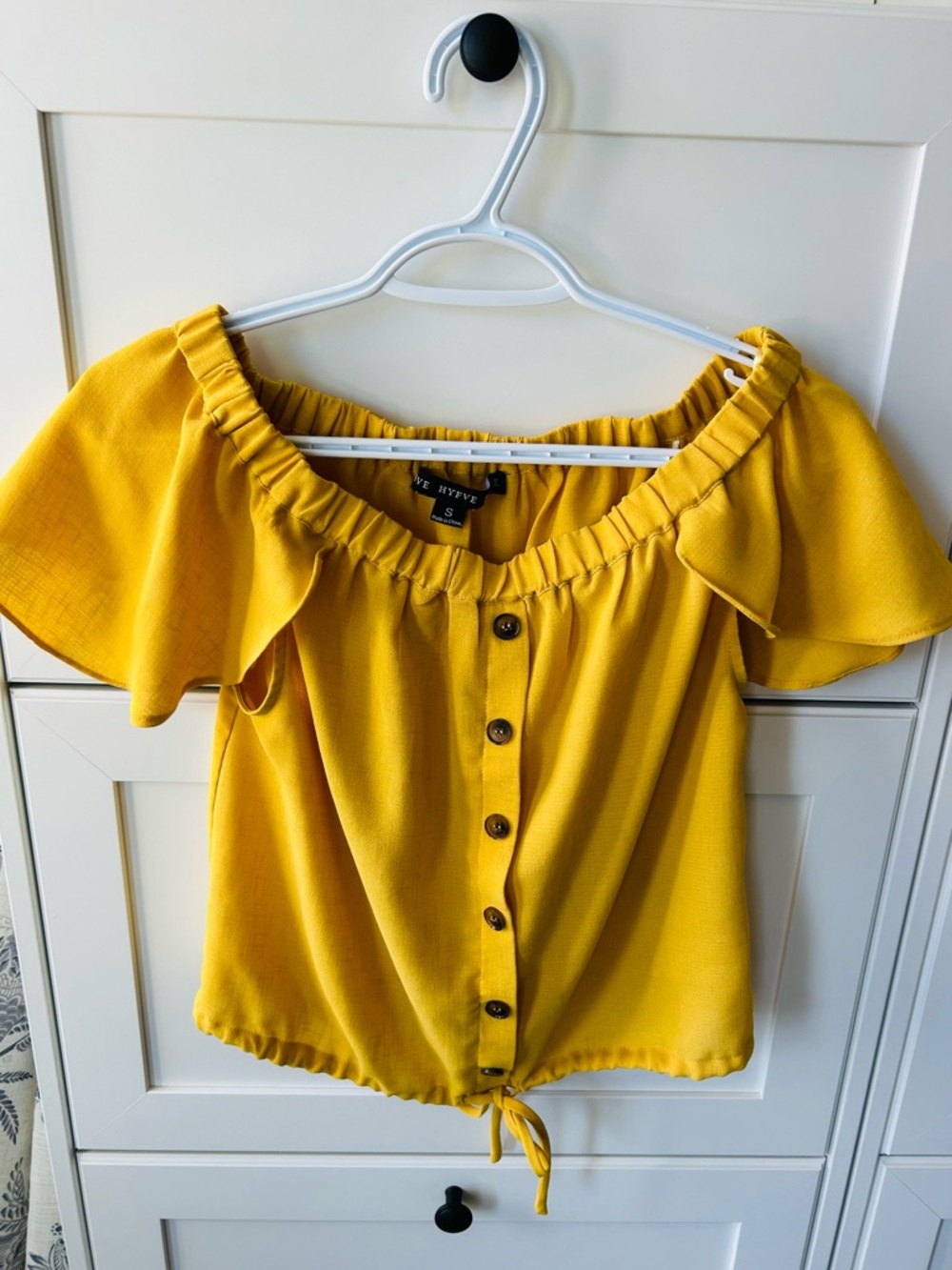 HYFVE Mustard Yellow Off-Shoulder Button Tie-Hem Top - Picture 3 of 9